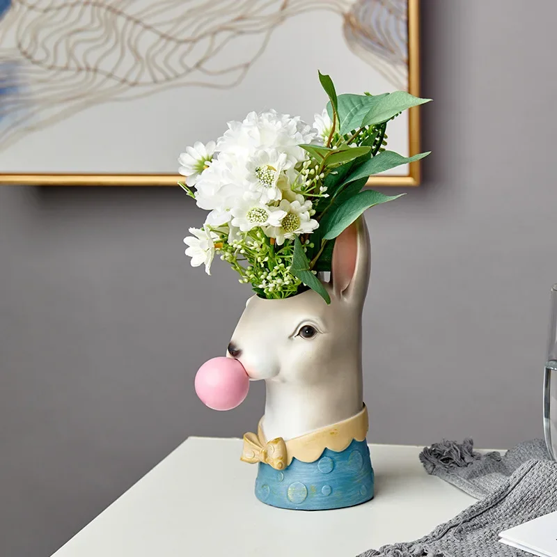 Creative Modern Animal Head Resin Succulent Vase FlowerPot Hand Painting Giraffe Zebra Panda Blowing Bubbles Animal Bust Figure 2