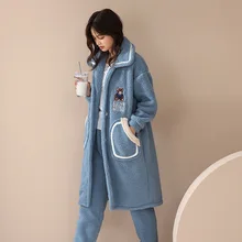 Long Ladies Pajamas Thicken Winter Flannel Blue Long Sleeve Trousers  Sleepwear  Women's Nightgown 2-piece Set Loungewear
