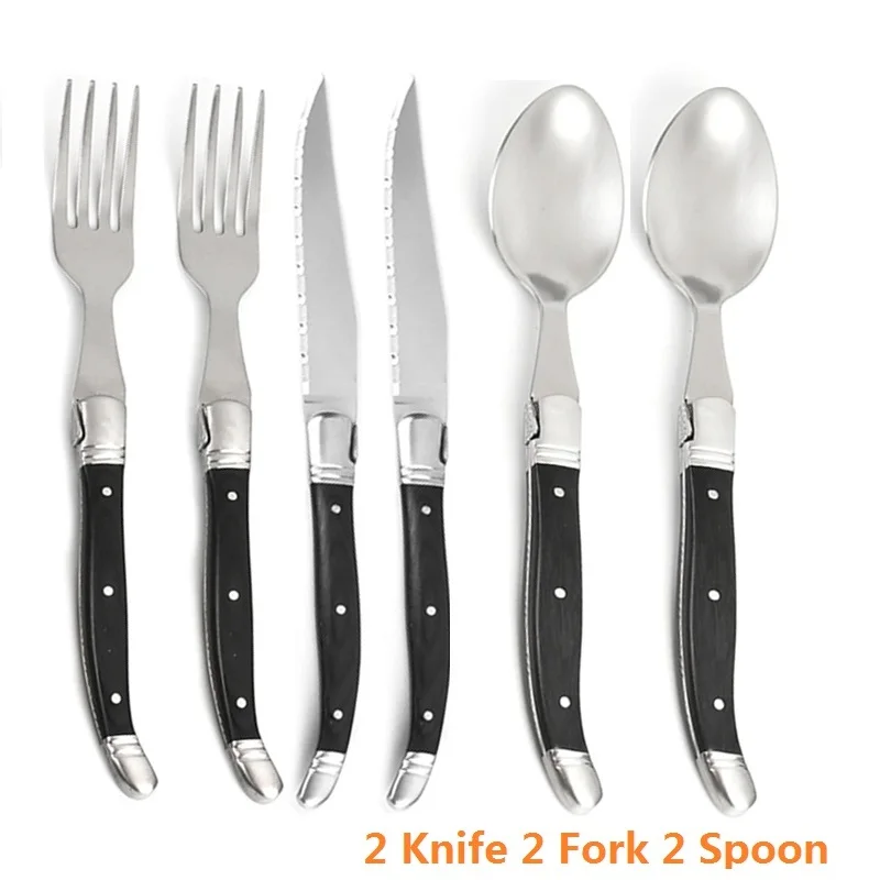 

6pcs Black Wooden Handle Cutlery Laguiole Flatware Sets Steak Knives Fork Spoon Wood Stainless Steel Dinner Set Christmas Gift