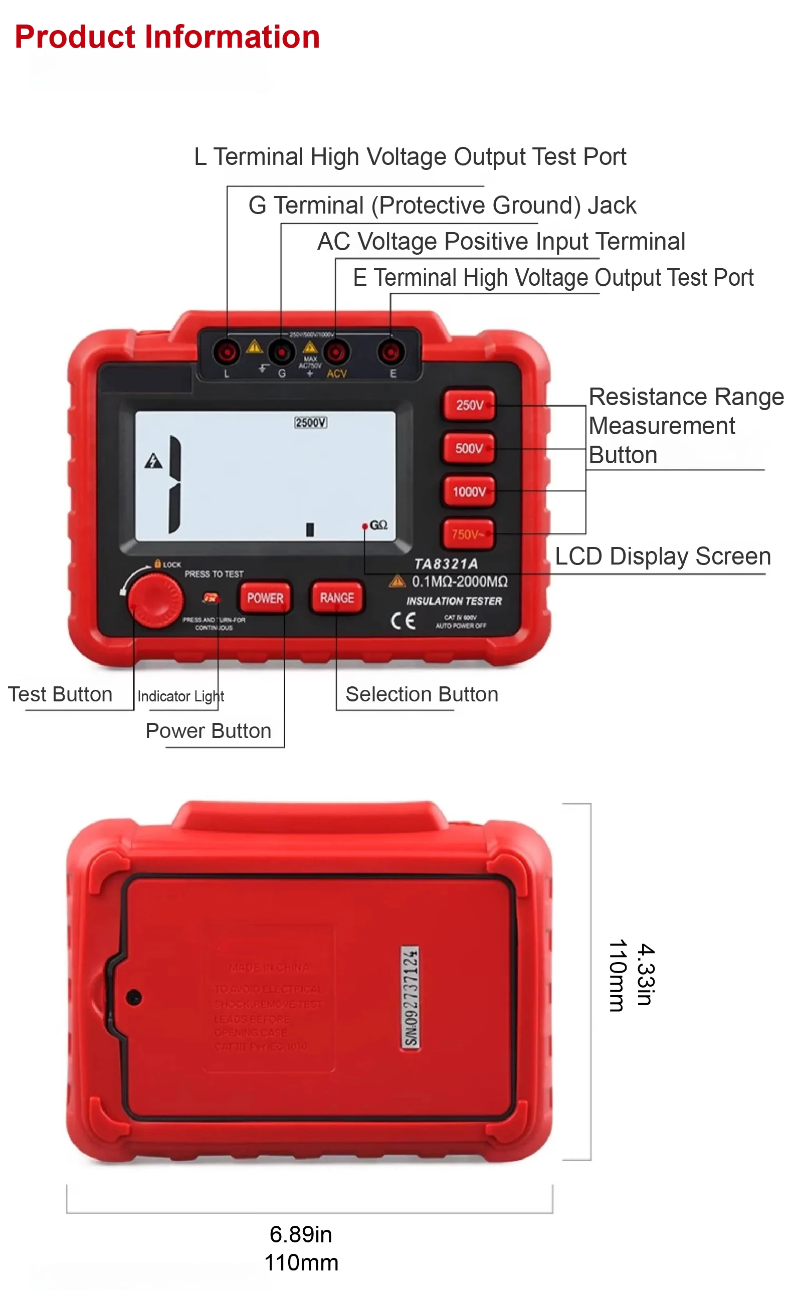 TA8321A TA8322A Insulation Resistance Tester 250V-2500V 0.1M-20MΩ Digital Megohm