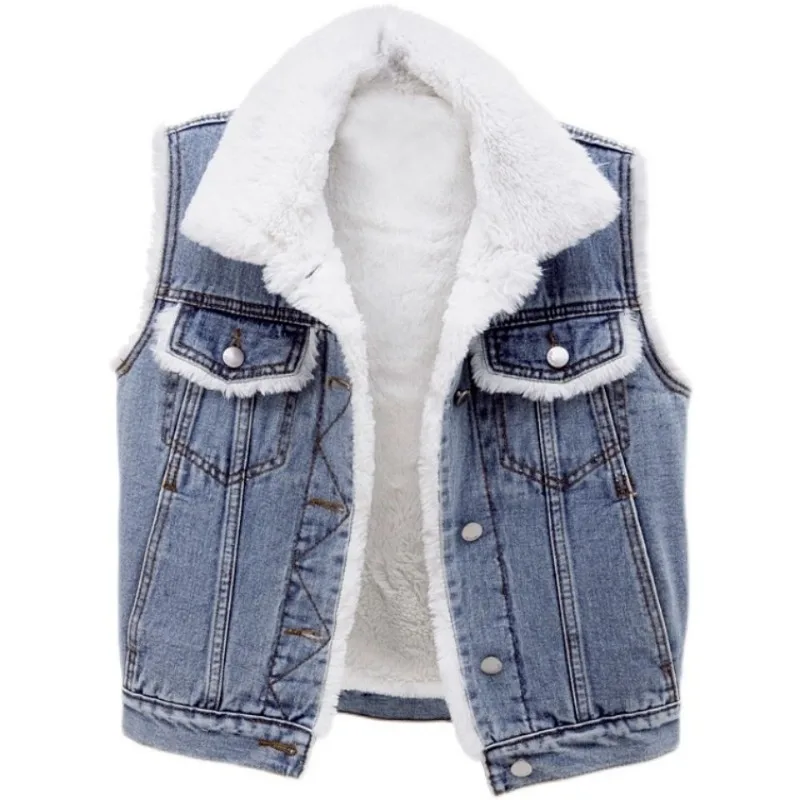 2023 Autumn Winter New Women Warm Denim Vest Short Solid Color Sleeveless Lambs Wool  Jacket Loose Large Size Fashion Waistcoat 2020 new autumn winter men s wool sweater pullover sleeveless basic knit vest casual fashion v neck striped plus size 3xl