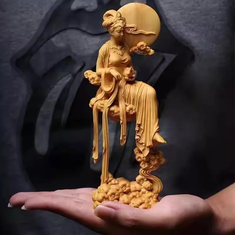 Natural Solid Wood Chang'e Fairy Characters Statue, Hand-carved Mythology, Jade Rabbit, Lmmortal, HomeRoomOffice Decoration, A