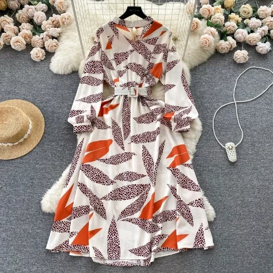 2024 Muslim Dubai Türkiye New Women's Dress Waist Design Printed Chiffon Skirt Drape Feeling Big Skirt Dress for Women