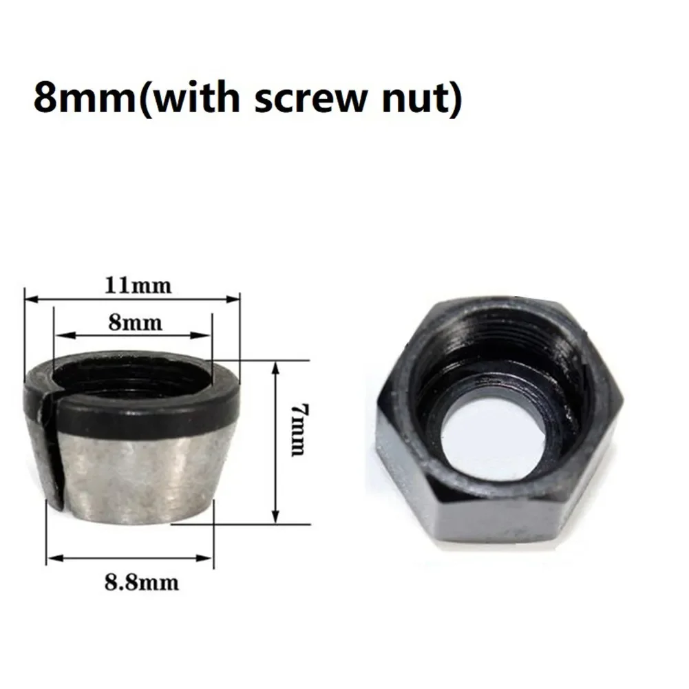 Collet Chuck Adapter With Nut 1set 6mm 6.35mm 8mm Carbon Steel For Engraving Trimming Machine Woodworking Tool Wood Router Parts collet chuck adapter