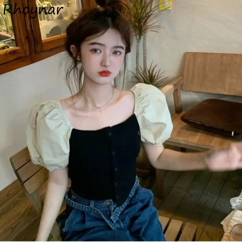 

Shirts Women Vintage All-match Female Puff Sleeve Temperament Korean Style New Summer Patchwork Slim Popular Casual Harajuku Ins