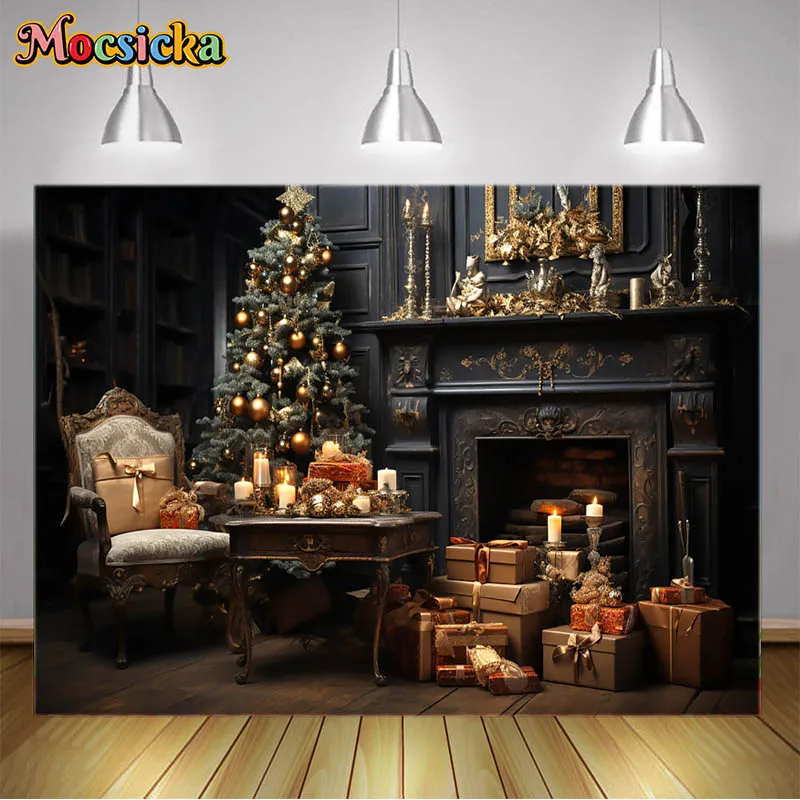 Christmas Party Decoration Background Empty Christmas Room at Night Xmas Tree Fireplace Table and Chairs Photo Studio Props