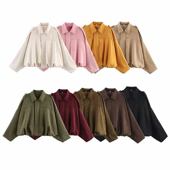 YENKYE New 2025 Women Suede Textured Bomber Jacket Long Sleeve Lapel Collar Loose Coats Casual Female Outerwear Chic Tops 1