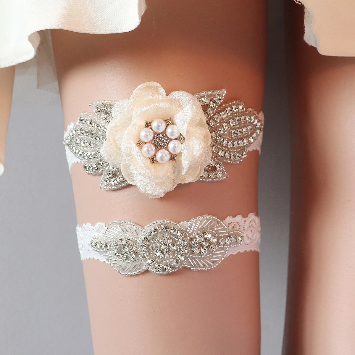 Rhinestone Sexy Women's Leggings with White Romantic Lace Pearl Rose Party Ball Comfortable Elastic Leg Accessories Garter