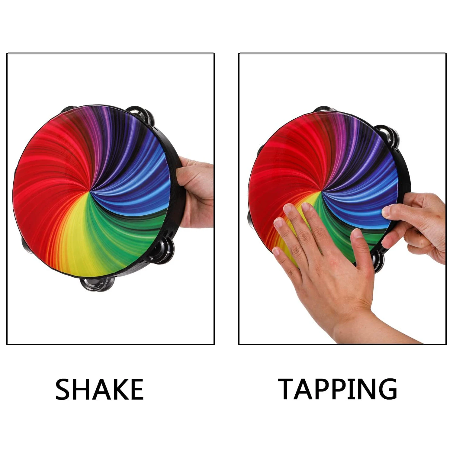 Rainbow Wood Tambourine 8/10-Inch Hand Held With Double Row Jingles