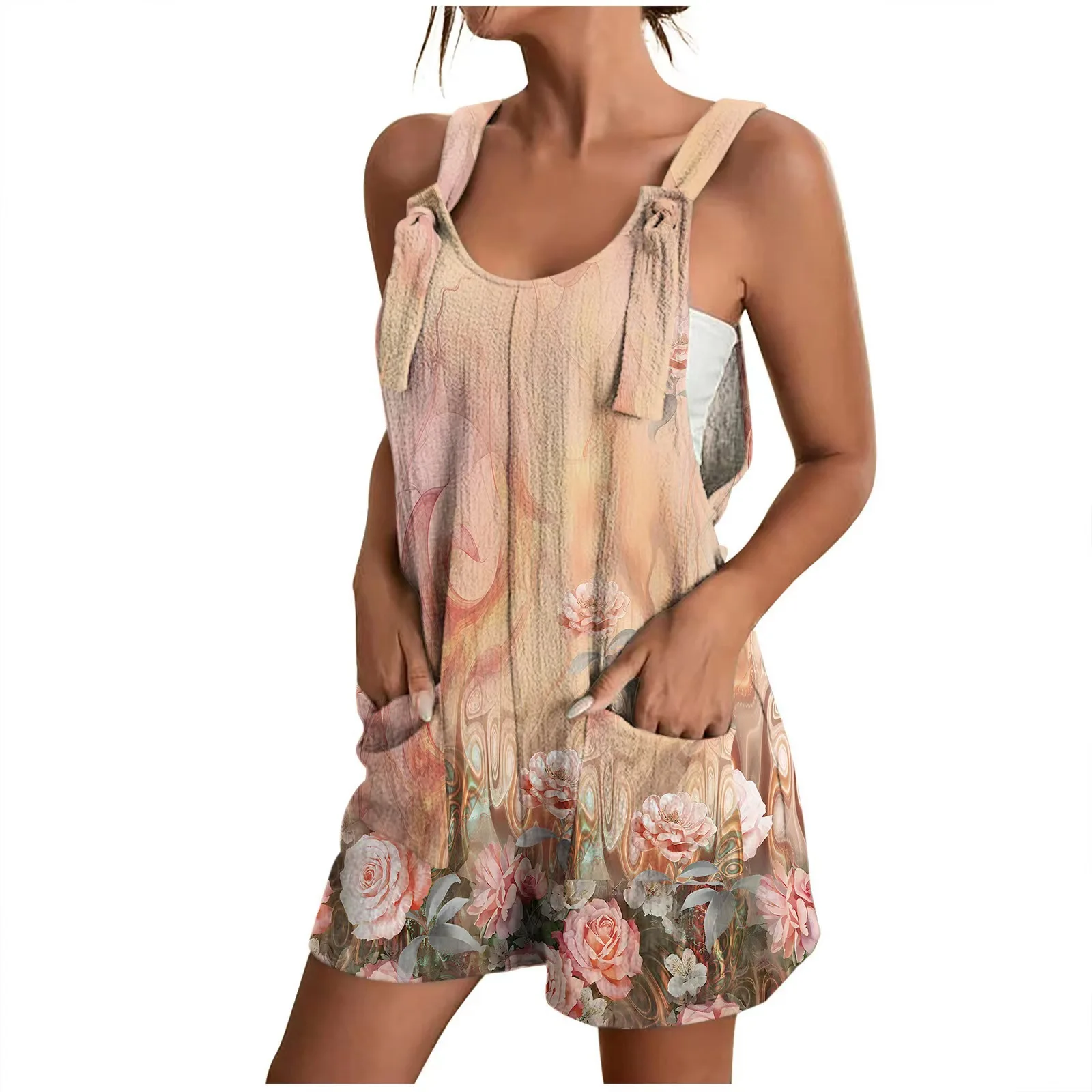 Chamliforve Jumpsuit Women 2023 Summer New Casual Printed V-neck Strap Pocket Romper Women Clothing  Playsuit