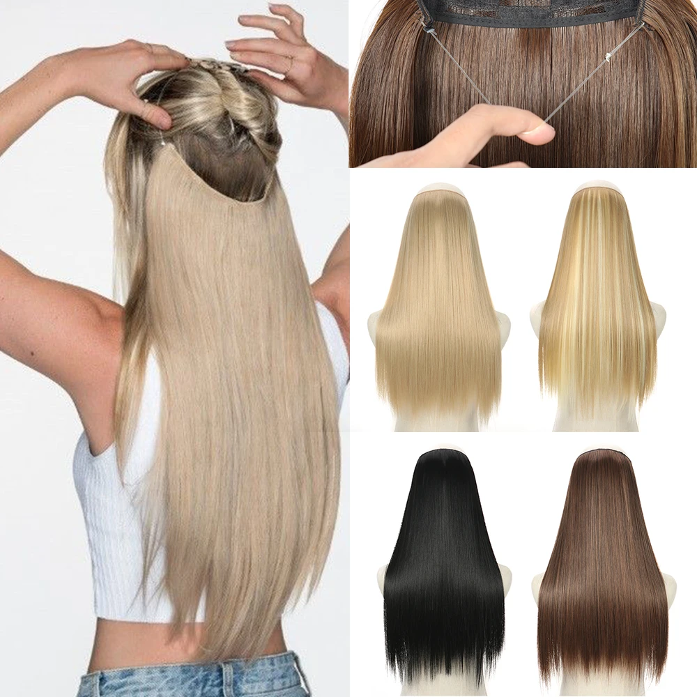 

No Clips Natural Hair Extension Synthatic Artificial Long Straight Hairpiece Blonde Black Mixed Color False Hair Piece For Women