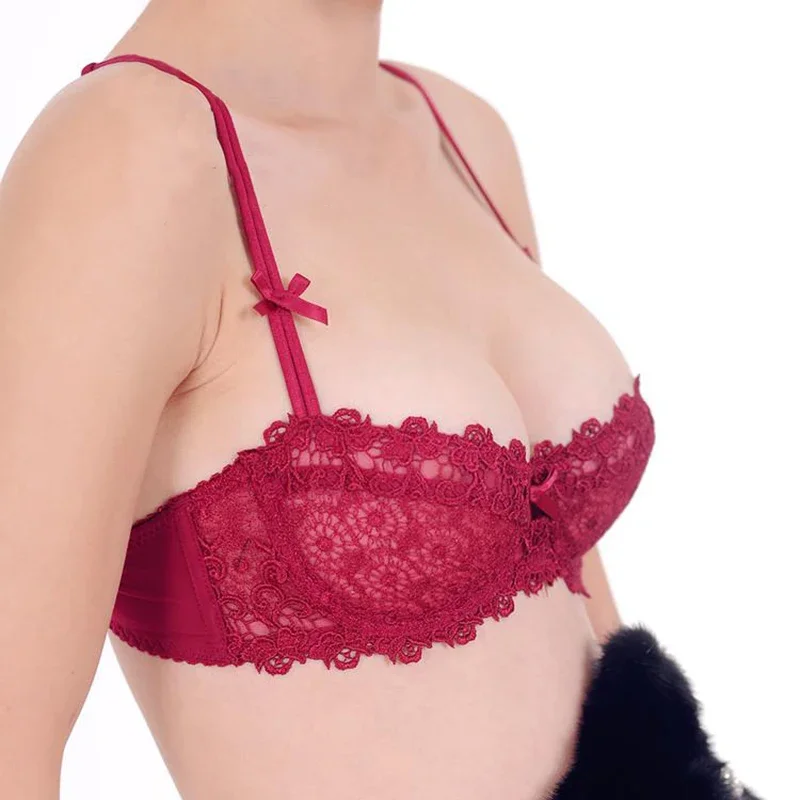 Plus Size Sexy Half Cup Lace Bra Sheer Mesh Unlined Bralette for Women A D Cup, Invisible Push Up Underwire Lingerie Set 3
