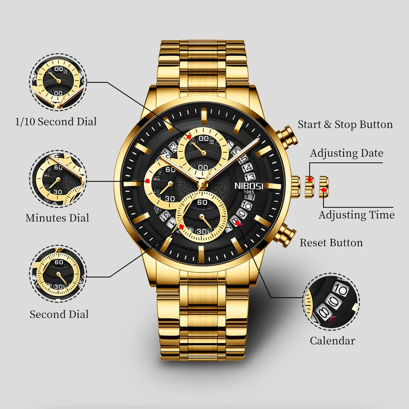 NIBOSI New Mens Watches Top Brand Luxury Sport Military Men Watch Stainless Steel Chronograph Quartz Wrist Watches Male Clock