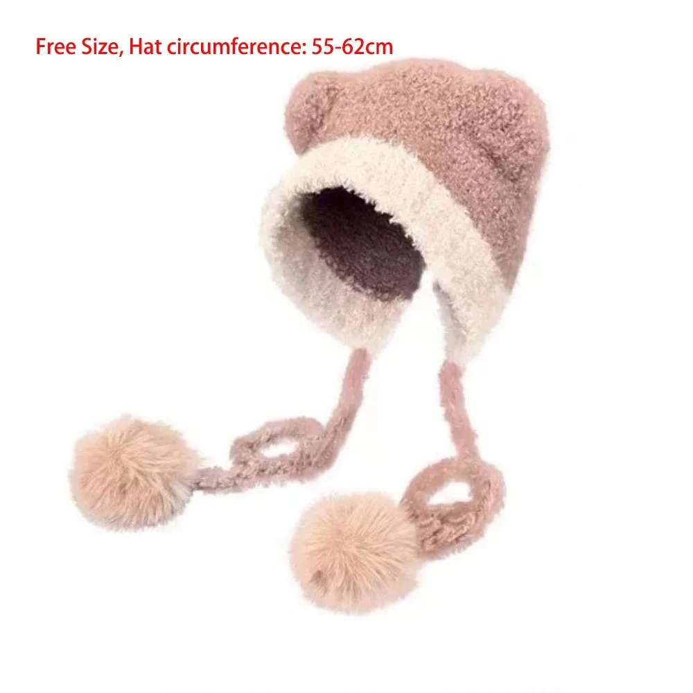 New Cute Bear Knitted Hat Knitted Pompom Pullover Cap Coldproof Warm Beanie Hat Autumn and Winter