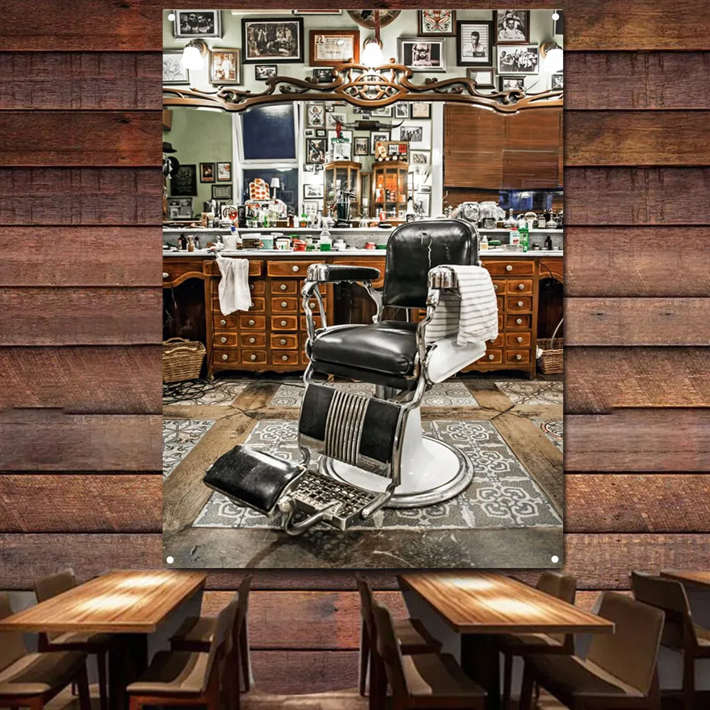 HAIRCUTS & SHAVES Poster und Drucke Vintage Friseursalon Tattoo Flagge Haarschnitt Poster Banner Wandbehang Leinwanddruck Kunst Wandteppich – Detail 1