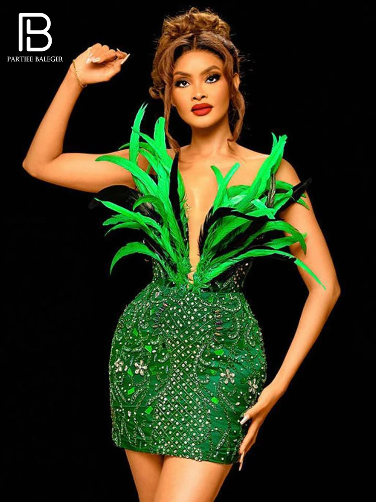 

PB Summer Dresses For Women 2023 Green Solid Feather Paillette Strapless Evening Party Female Clothing Sexy Vestido New Arrival