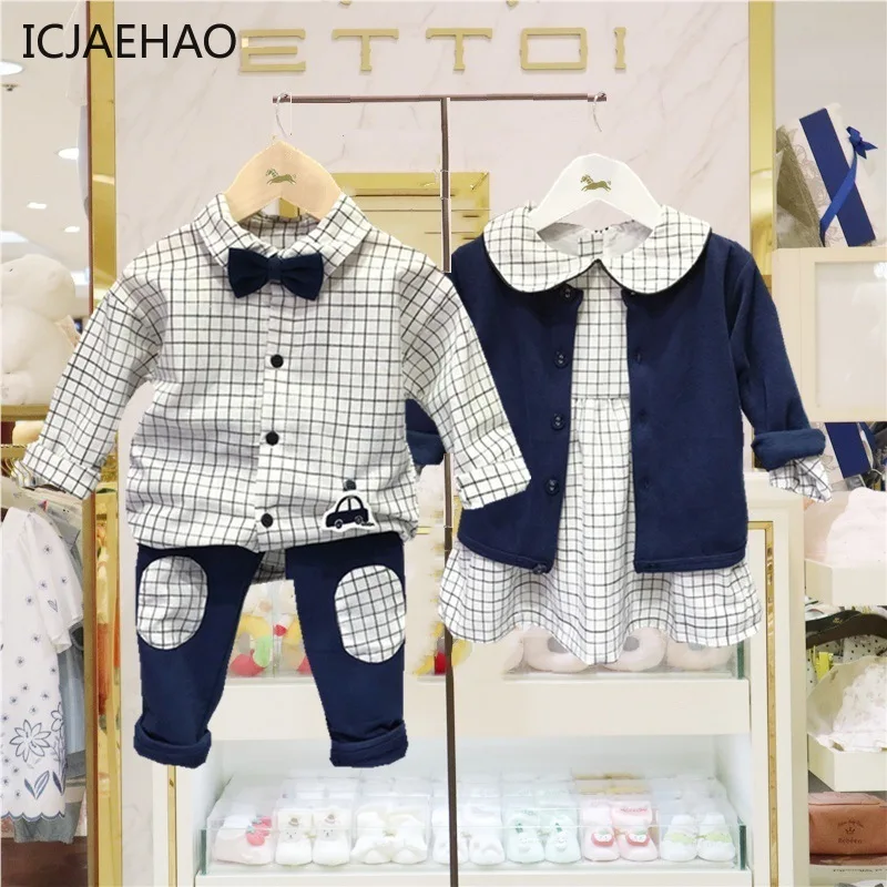 

Korean Fashion Matching Outfits Sister and Brother Clothes Sets for Baby Kids Early Autumn One-Piece Dress Boys Clothes Suit Set