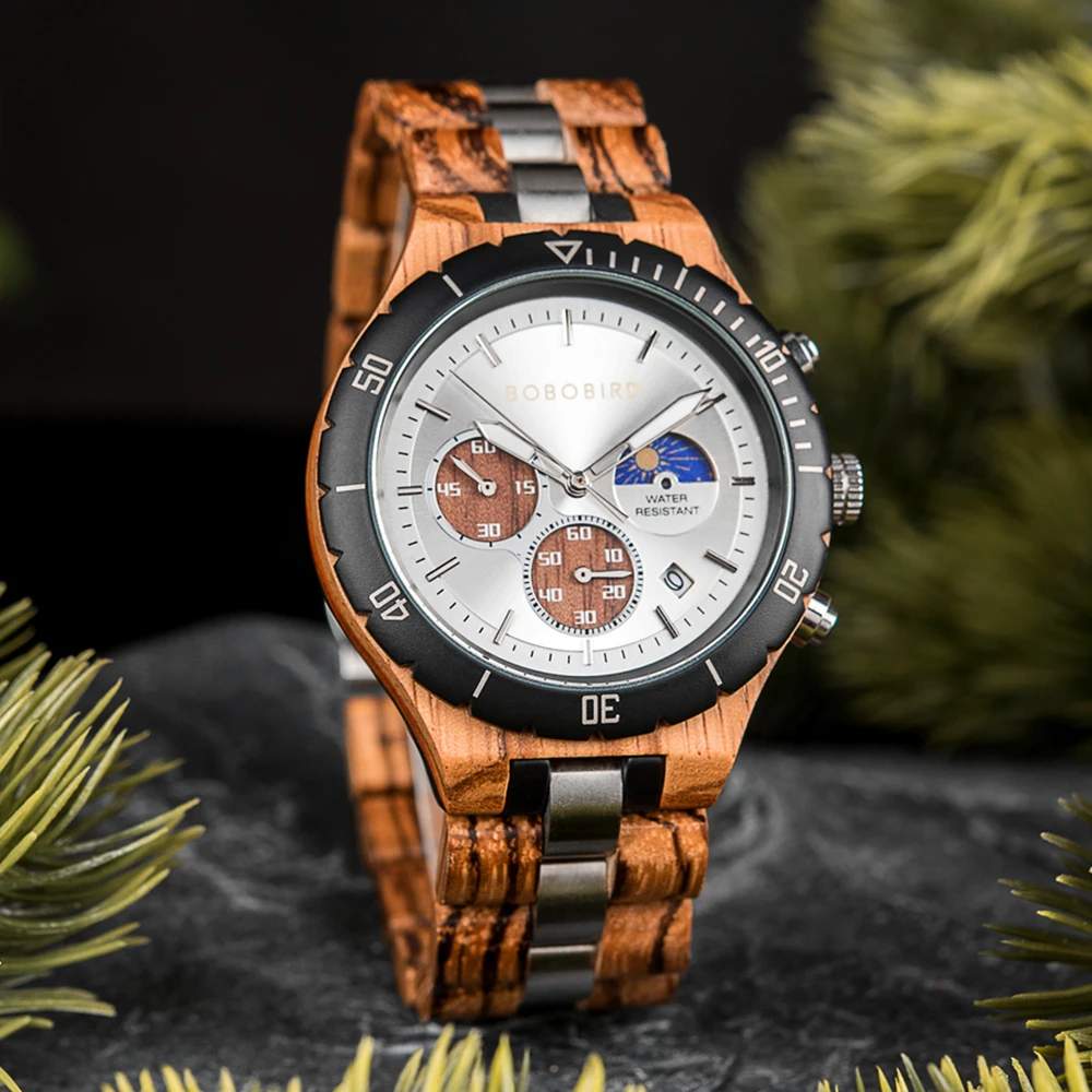 BOBO BIRD Men Wristwatch Business Male Timepieces Chronograph Quartz Men's Natural Wood Watches In Wooden Gift Box Customized