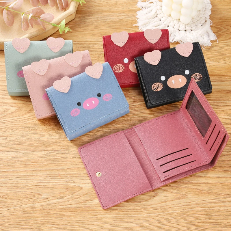 2022 Kawaii Pig Style Short Wallet Women Tri-fold Cute Cartoon Small Girl Wallet PU Leather ID Credit Card Holder Mini Purses
