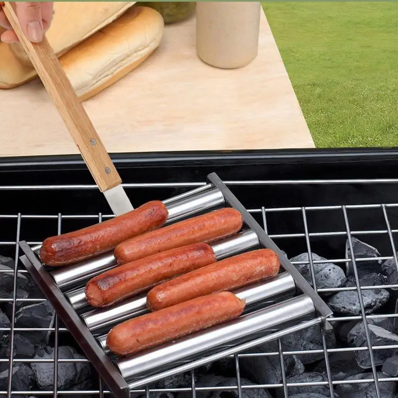 

Stainless Steel Barbecue Sausage Grilling Rack Roller With Wooden Handle BBQ Hot Dog Grill Pan Home Kitchen Grilling Accessories