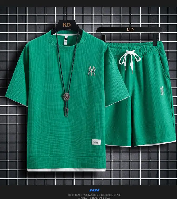 Men's New Summer Waffle Lounge Suit Crewneck Short Sleeve T-Shirt Shorts Fashion Trend Sports Fitness Jogging Suit