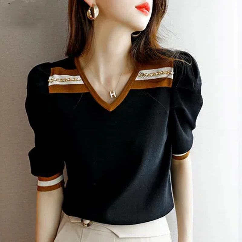 Yaz Yeni V Yaka Kısa Kollu Moda Kazak Kadın Yüksek Sokak Kontrast Renk Zincirler Patchwork Kazaklar Zarif Vintage Tops
