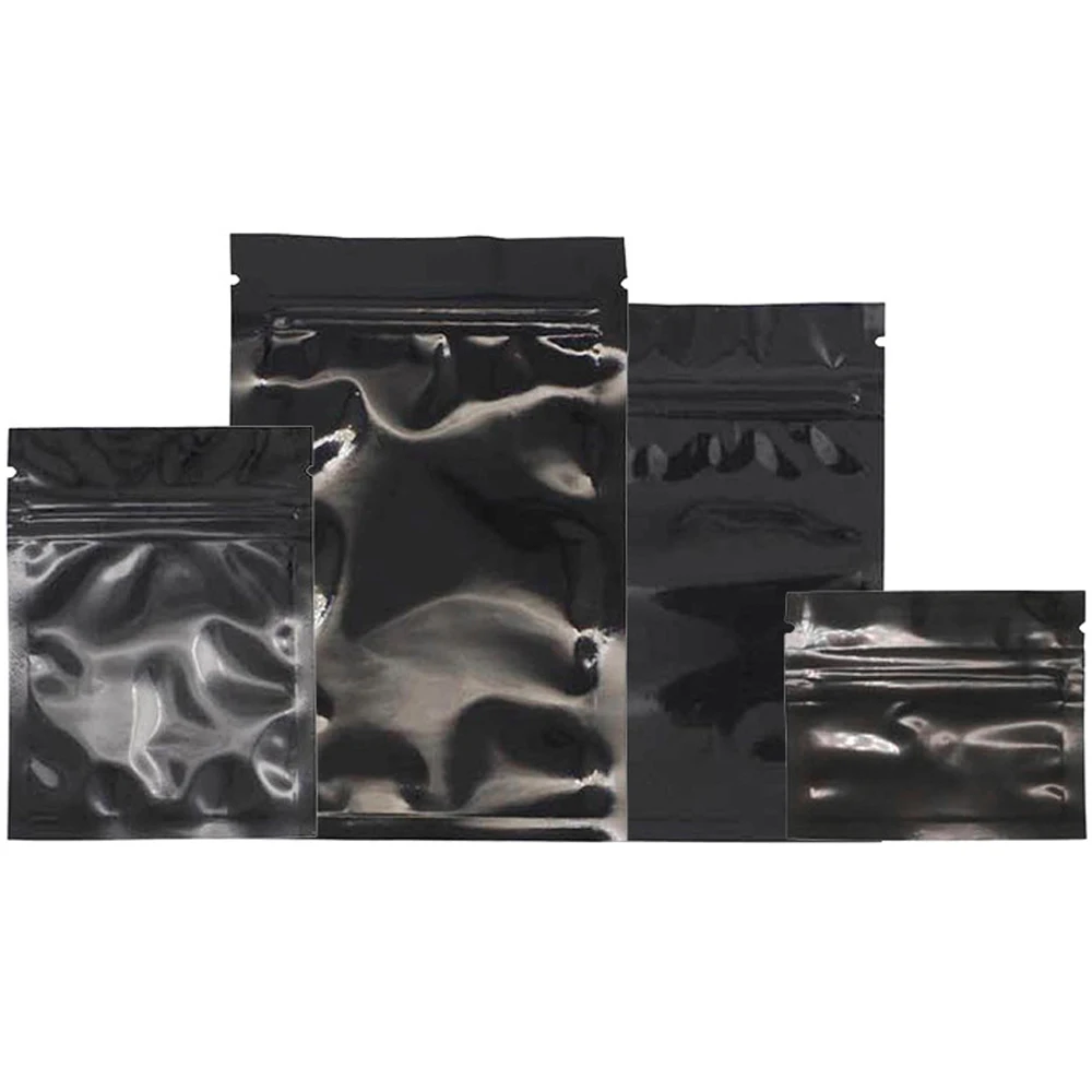 

100Pcs Black Mylar Foil Packaging Bag Tear Notch Self Sealing Tea Coffee Bag with Waterproof Zipper Pouches Recyclable