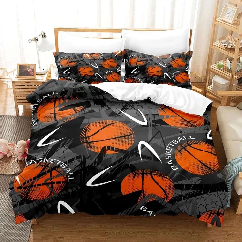 3D Cartoon Basketball Bedding Set for Boys - Polyester Duvet Cover, Bedspread, and Pillowcase Combo
