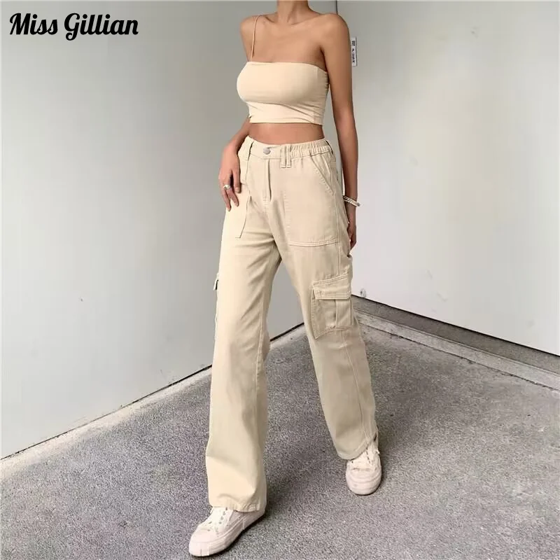 

High Waist Cargo Pant Women Solid Color Denim Baggy Pants Casual Female Clothing 2023 Wide Legs Trousers Fashion Hip Hop Bottoms