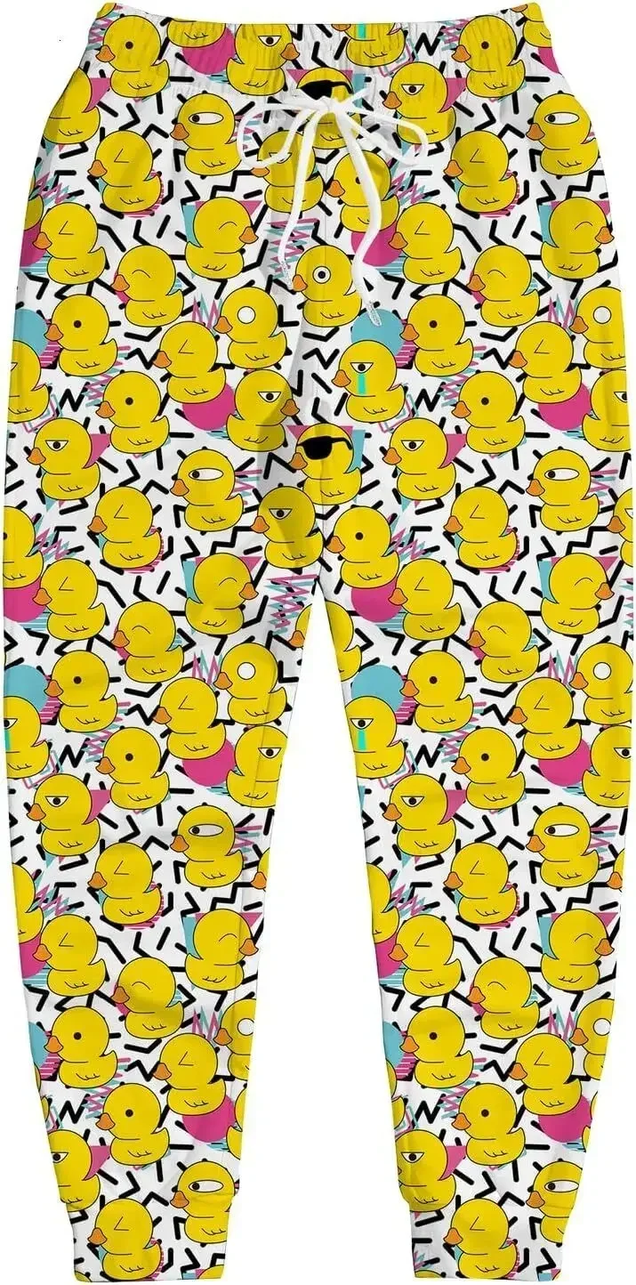 남성용 2025 스웨트팬츠, 노란색 오리 그래픽 폴리에스터 조거 팬츠, 슬림핏 캐주얼 라운지 팬츠(포켓 포함), 봄 가을 스트리트웨어
