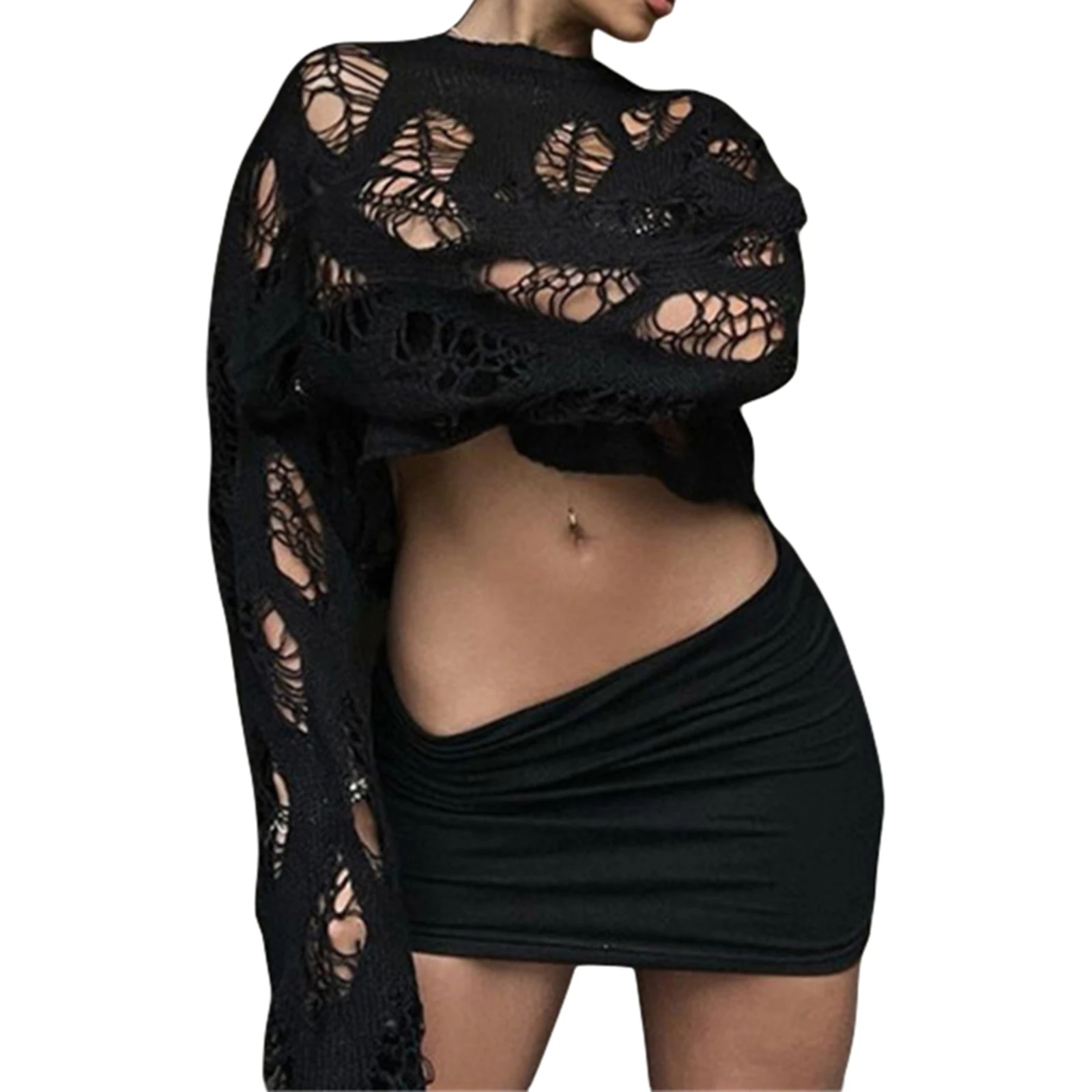 

Женские рваные свитера с длинным рукавом и круглым вырезом, однотонные, с вырезами, женская уличная одежда Y2K, пуловеры для девушек