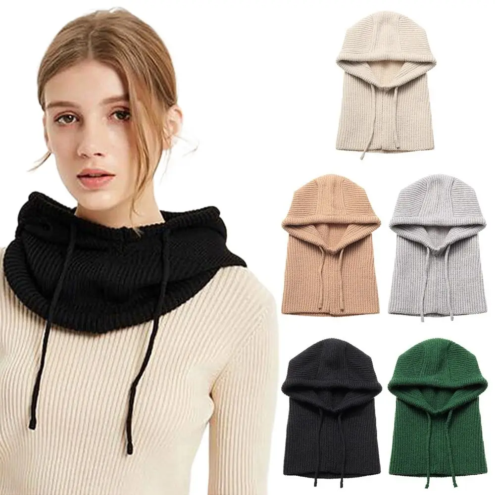 Winter Knitted Balaclava Hat Drawstring Hat Scarf Dual-purpose Pullover Cap Windproof Women's Head Hooded Cap for Men&Women