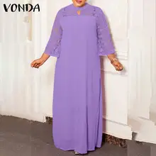 

Women Dress 2022 VONDA Summer Pleated Lace Long Maxi Vestido Round Neck Flare Sleeve Bohemina Dresses Sexy Beach Sundress Femme