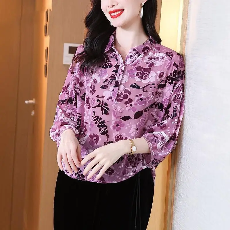Spring Autumn New Women's Printed Polo-Neck Button Spliced Irregular Swallowtail Hem Fashion Casual 3/4 Sleeve Chiffon Shirt