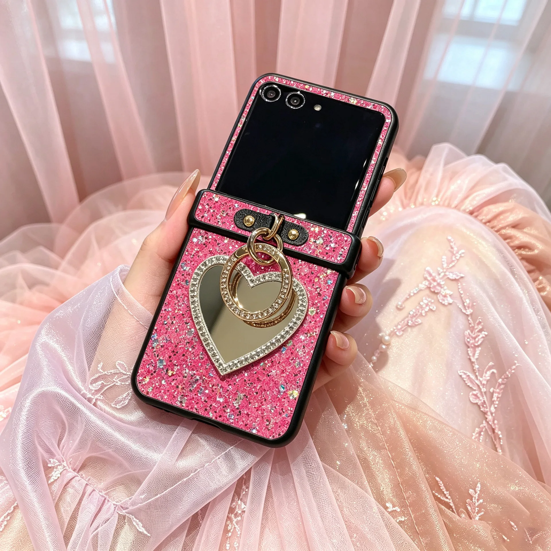 Luxury Ring Buckle Sparkling Phone Case with Glitter Heart Mirror