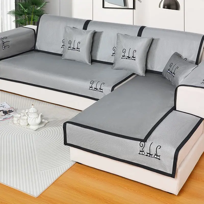 

Summer Ice Silk Embroidery Cat Sofa Cover Non-Slip Cushion Universal Living Room Sofa Towel Furniture Protection Dust-Proof