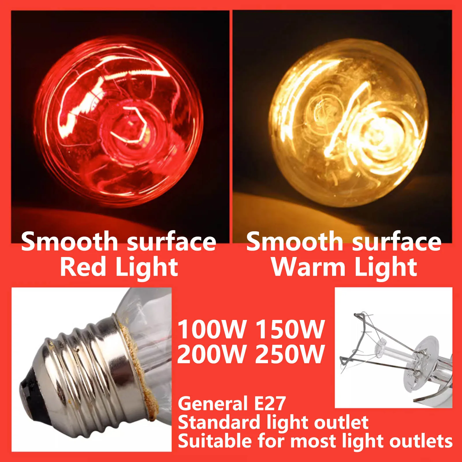 Pet Reptile Red Heating Lamp E27 100W 150W 200W 250W Heating Emitter Light Bulb For Turtle Lizard Reptile Pet Waterproof 220V