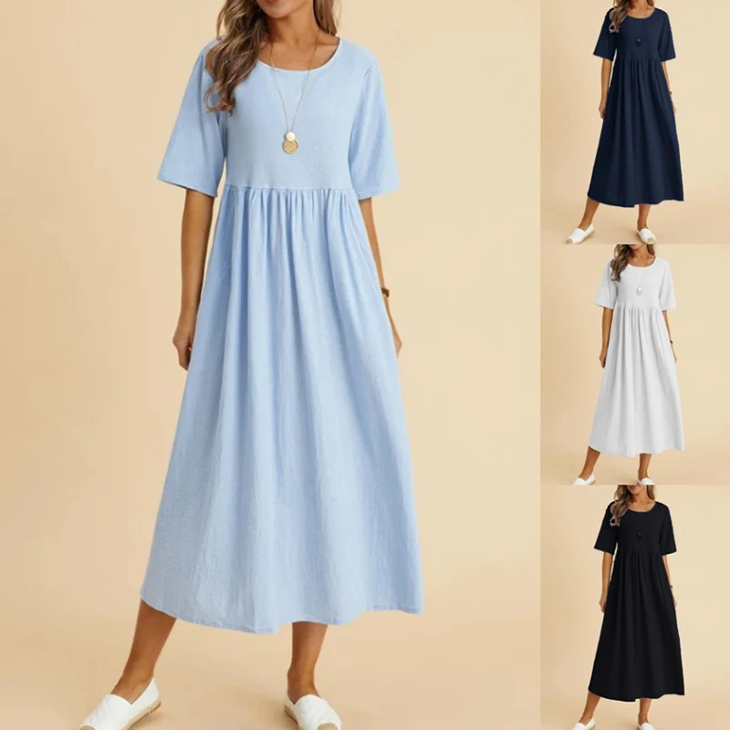 Robes d'été en lin simple à col rond et boutons noirs