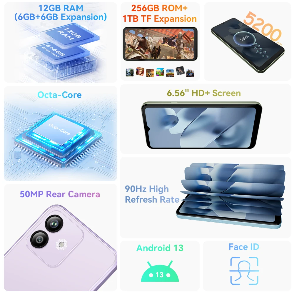 Cubot Note 40 Smartphone, 12GB RAM (6GB+6GB Extended) + 256GB ROM, 50MP Main Camera, 6.56" 90Hz Display, 5200mAh Battery, GPS 2