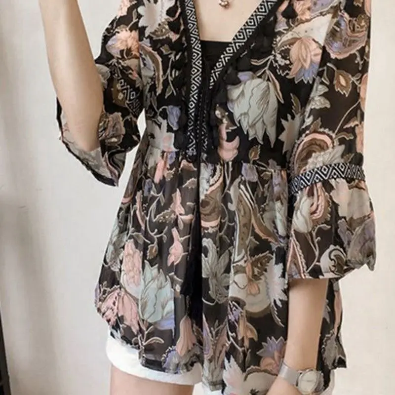 2023 Summer New Loose Casual Floral Printing T-Shirts Women Korean Style V-neck Tassels Lantern Sleeve Thin Style Chiffon Tees