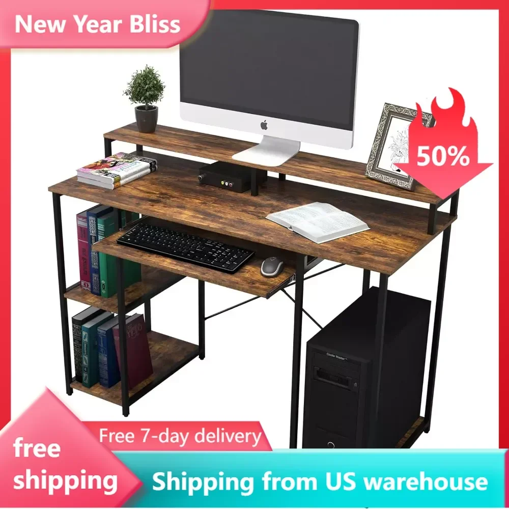 

Computer Desk With Storage Shelves/23.2” Keyboard Tray/Monitor Stand Study Table for Home Office(46.5x19 Inch Rustic Brown) Room