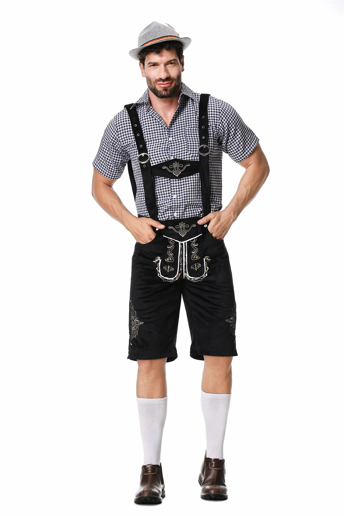 M-XXL German Oktoberfest Men Festival Costume Set Short Sleeve Plaid Shirt Suspenders Hat for Beer Festival Halloween men festival costume set