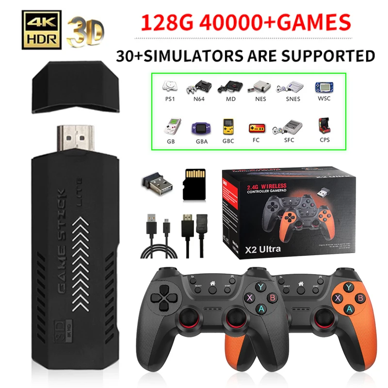 X2 울트라 비디오 게임 콘솔 4K 게임 스틱, HD 레트로 비디오 게임 콘솔, 무선 컨트롤러 TV 30 + 에뮬레이터, PS1 또는 게임 패드 전용