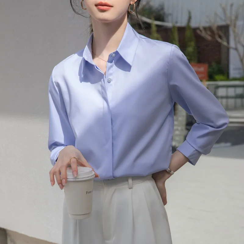 Women Simple Anti-Wrinkle Breathable White Shirts Spring Summer Solid Formal Loose Comfortable Blouses Fashion Casual Tops