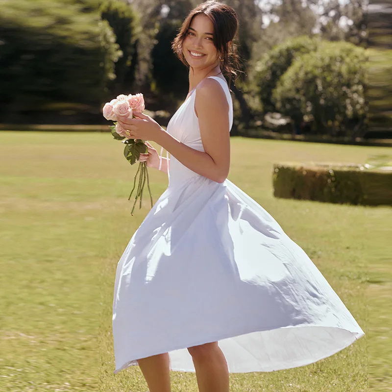 

Chic French Style Loose Fit Dress with Deep V-neck and Waist-tied Bowknots