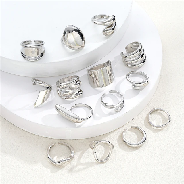 14Pcs Punk Irregular Geometric Rings Set For Women  Exaggerated Smooth Silver Color Thick Chunky Ring Hip Hop Jewelry Gifts