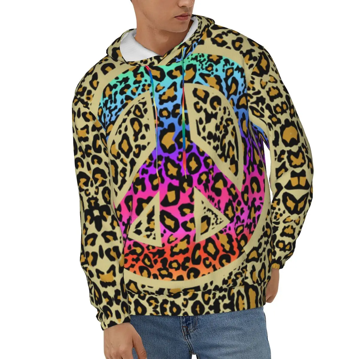 

Leopard Colorful Hippie Peace Symbol Mens Sweatshirt Long Sleeve Autumn Spring Casual Hoodies Top Boy Blouse