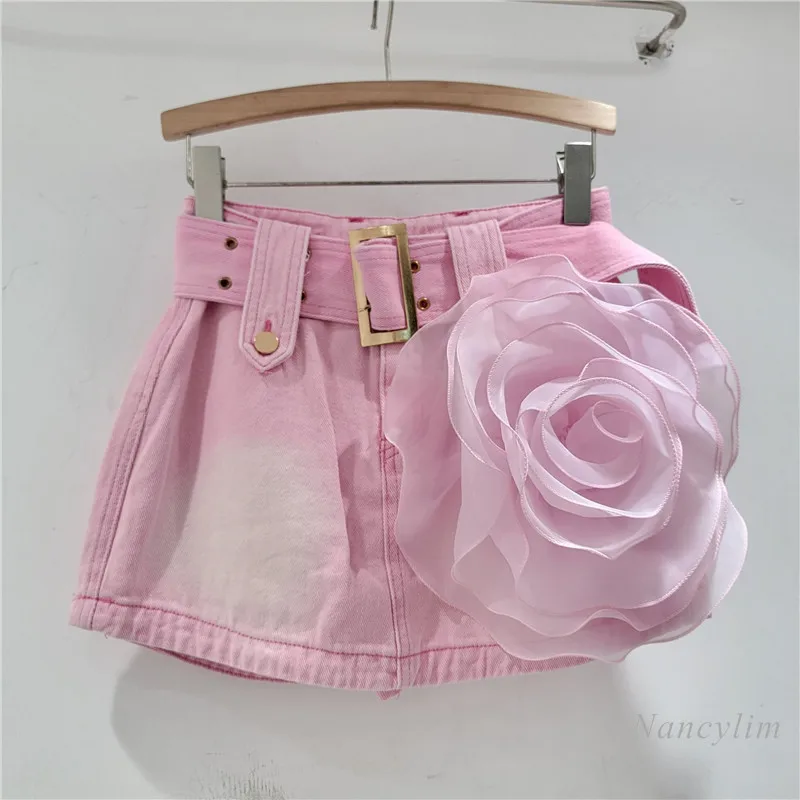 Summer Big Floral Skirt Woman 2024 New Design Sense Sweet Three-Dimensional Flower Denim Skirt High Waist Hip Belt Waist Skirts