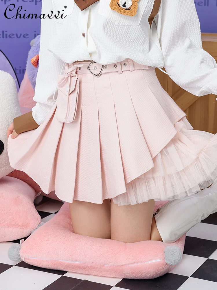 2023 Autumn Winter Ruffled Mesh Stitching Asymmetric Pleated Women Skirt Lace-up Pocket Sweet Pink Slimming Short Skirts