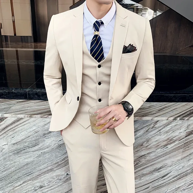 S-7XL (Jacket+Vest+Pants) Fashion Boutique Lattice Formal Business Mens Suit 3Pcs Set Groom Wedding Dress Plaid Suit Show Stage - TZ830 Beige, XXL (EUR M)
